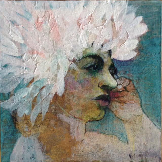 Flowered head, mixed media on silk mounted on canvas, 20 x 20 cm, 2018