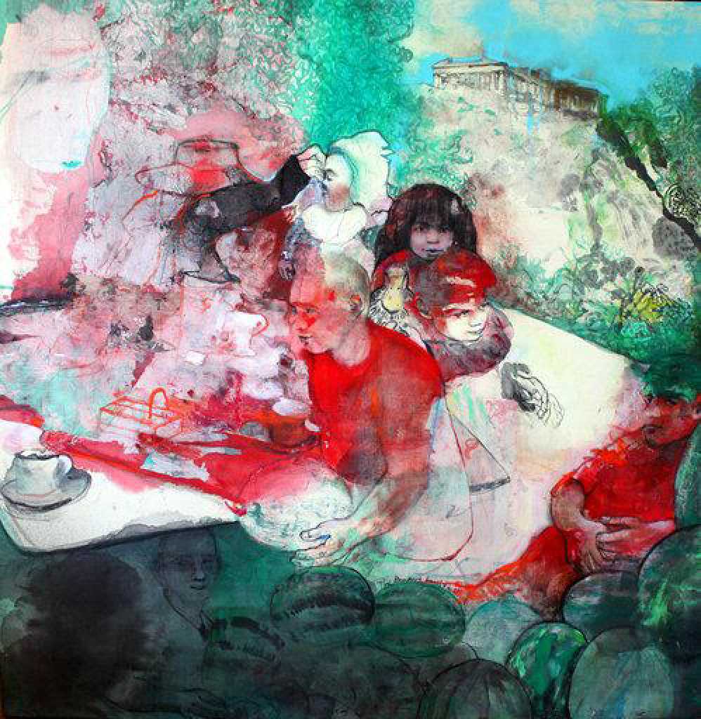 Feeding Vinette, mixed media on rice paper mounted on canvas, 130 x 130 cm, 2018