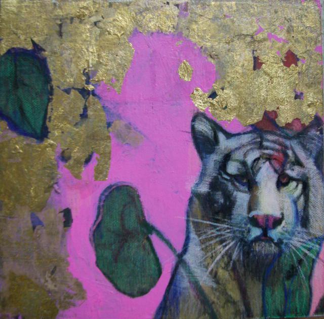 Tiger, gold leaf and acrylic on silk mounted on canvas, 20 x 20 cm, 2018