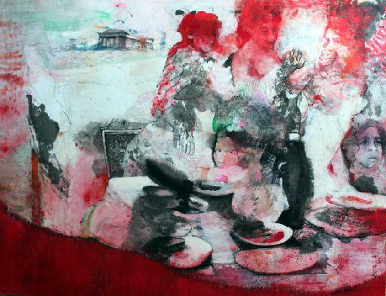 Family is taking lunch under the Acropolis, mixed media on rice paper mounted on canvas, 100 x 130cm, 2018