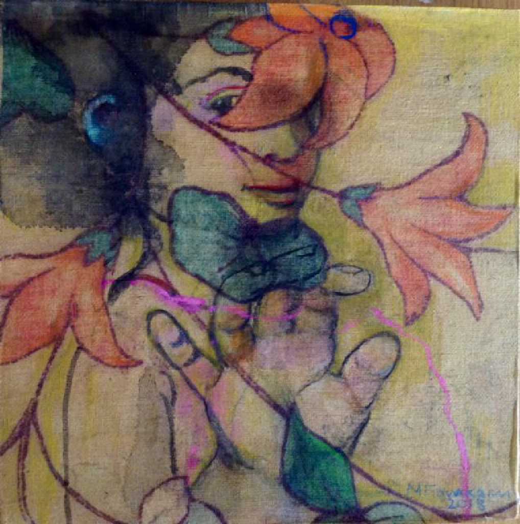 Orange flowers, ink, gouache and colored pencils on silk mounted on canvas, 20 x 20cm, 2018