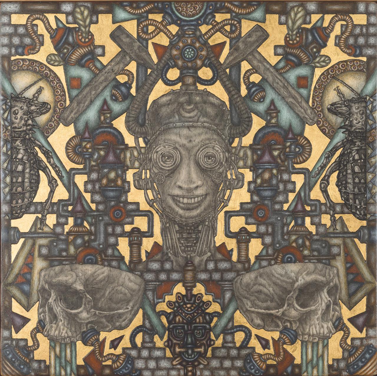 Homo Faber’s Maze, 35.5 cm x 35.5 cm, acrylics, pencil, ink and gold 22K, on wood, 2018