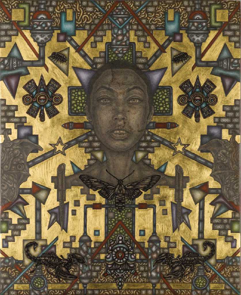 Isis, 40 cm x 50 cm, acrylics, pencil, ink and gold 22K, on wood, 2018