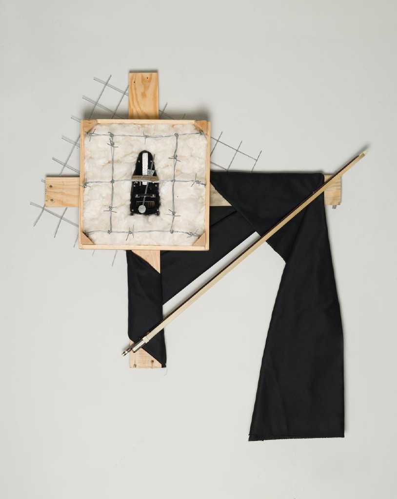 Where The Music Goes When We Don’t Listen, 90 cm x 78 cm x 12 cm, wood, iron, cotton, metronome, fabric, fiddle stick, 2018