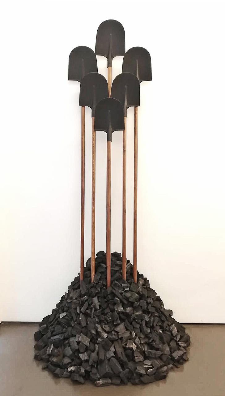 Ne Travallez Jamais, variable dimensions, wood, iron shovels, coals, 2011-2018