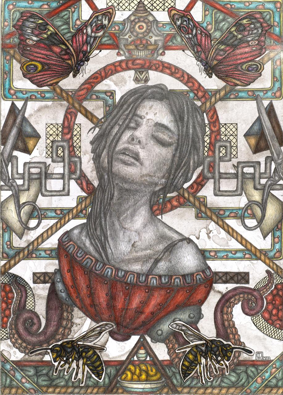 Saint Magdalene, 25 cm x 35 cm pencil, coloured pencils and ink on paper, 2018