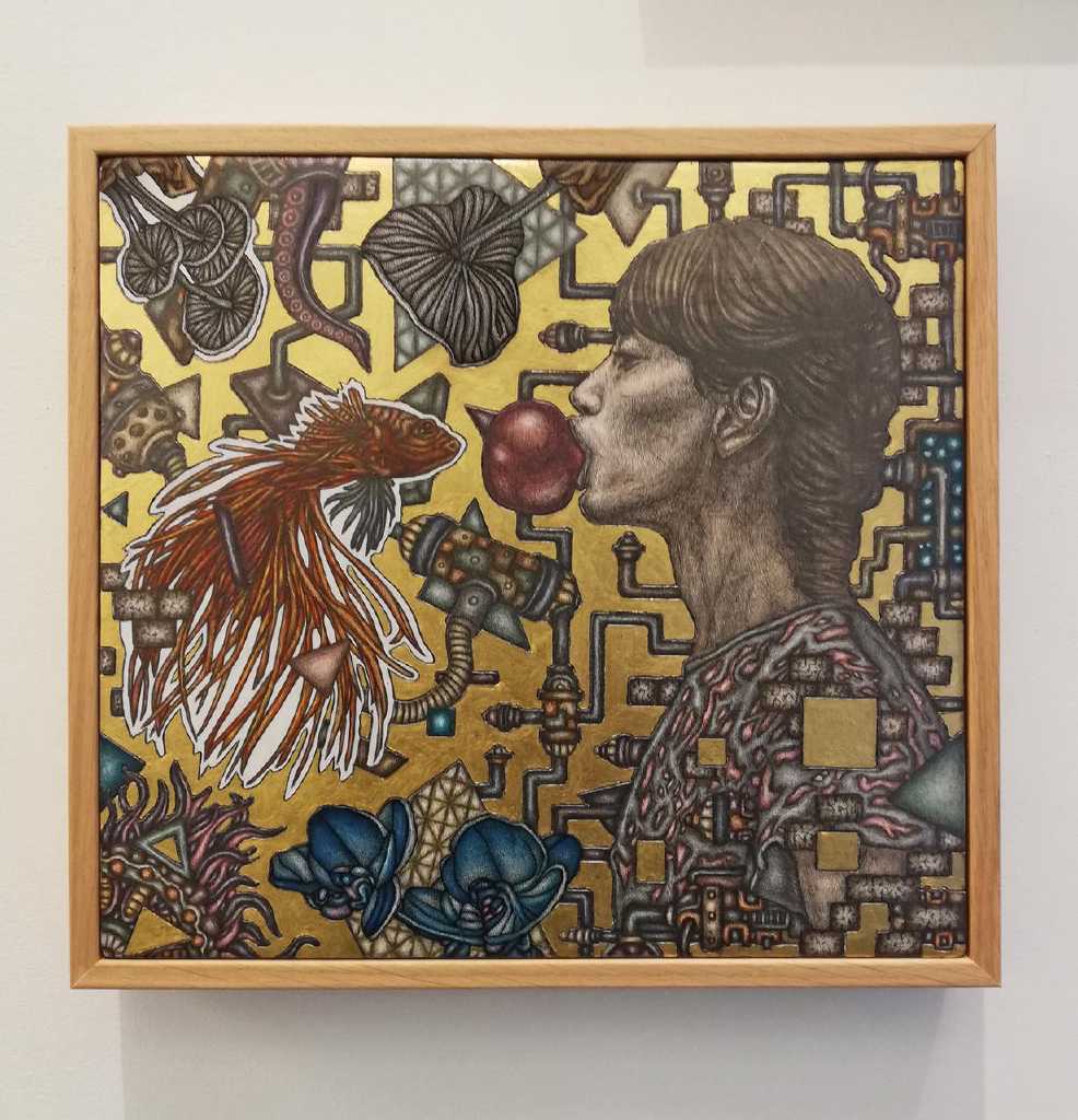 The Kiss, 30 cm x 28 cm, acrylics, pencil, ink and gold 22K, on wood, 2019