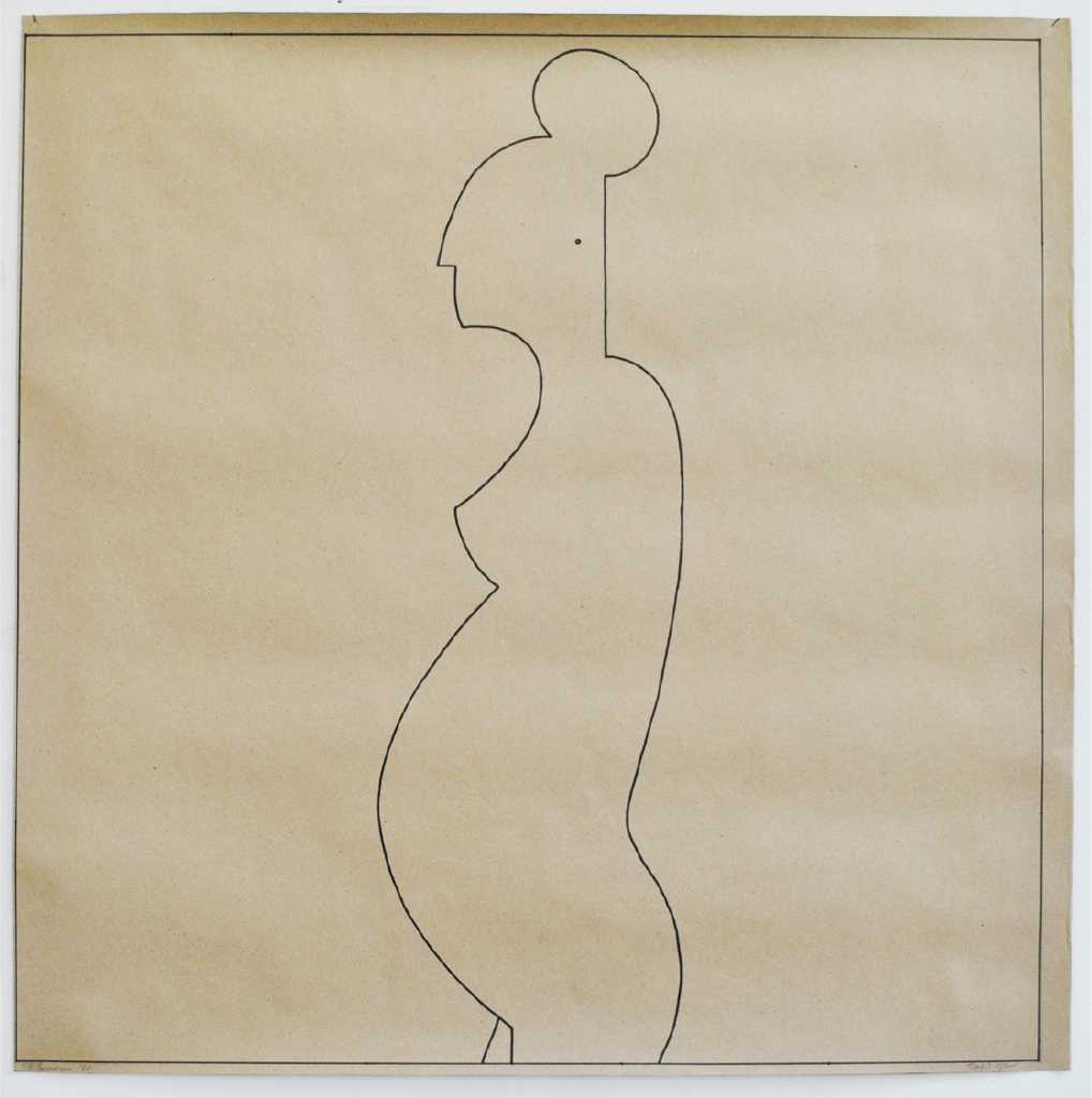 Ilias Papailiakis, Pregnant woman in profile, Ink on paper, 100x100 cm, 2020
