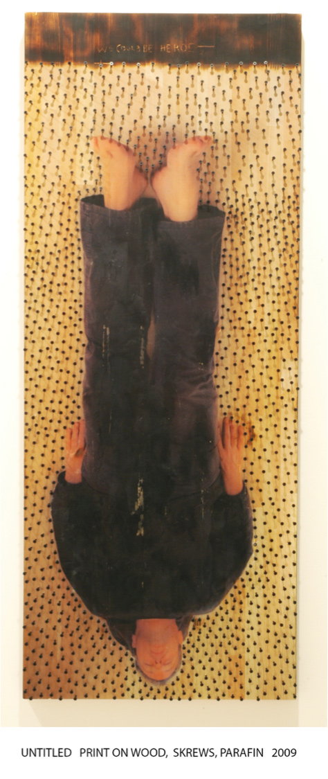 Andreas Voussouras, Print on wood, nails & paraffin, 160x64x5 cm, 2009