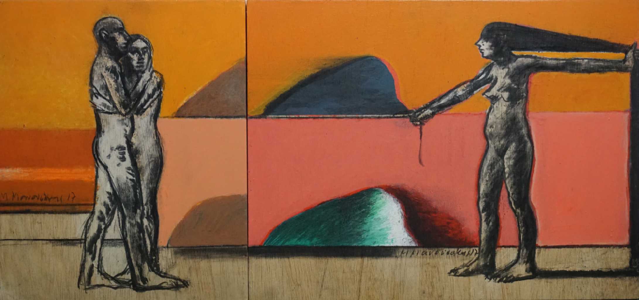 Μichalis Manousakis, The horror of sunset, and the sunrise that is not night, Acrylics and charcoal on wood, 70x33 cm, 2017, Courtesy of Ekfrasi-Yianna Grammatopoulou Gallery