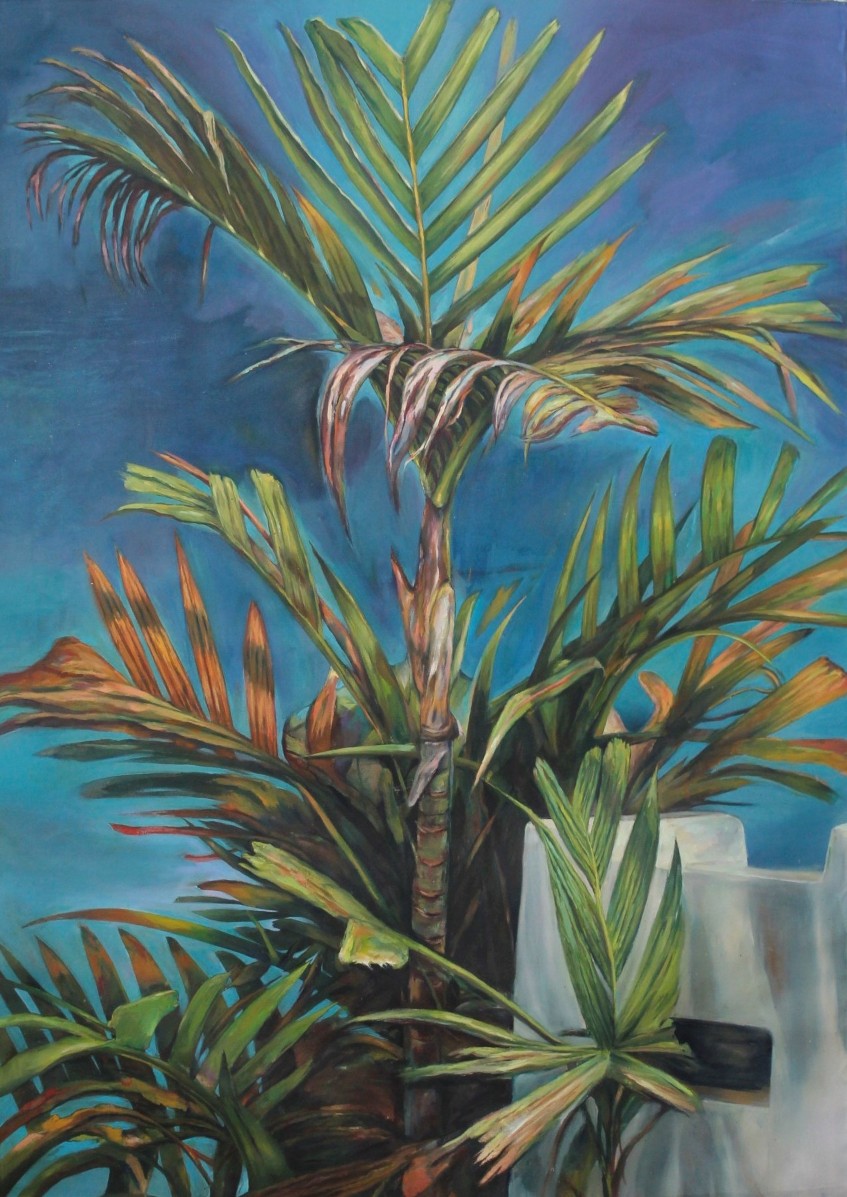 Dimitris Kokoris, Pohon di rumah, oils on canvas, 100 x 150 cm, 2020
