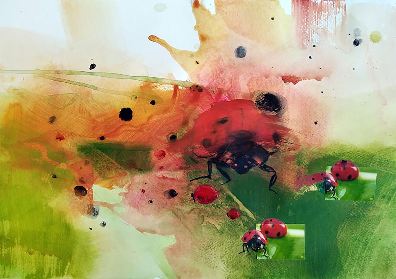 Maja Erdeljanin, Ladybugs, mixed media on paper, 35 x 50 cm, 2021