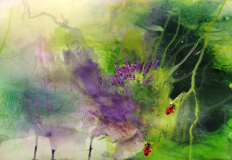 Maja Erdeljanin, Lavender and firebugs, mixed media on paper, 35 x 50 cm, 2021