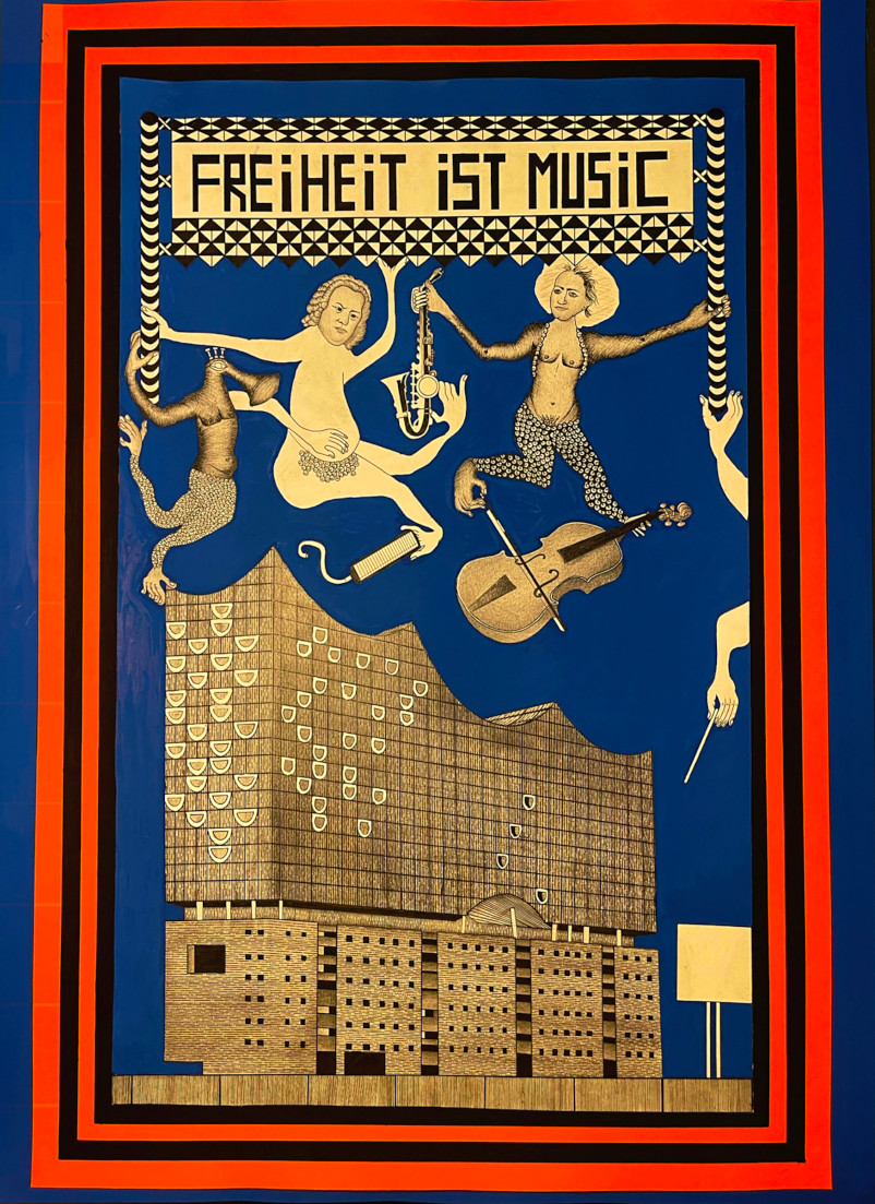 Halid Chrisinas Elaggan, Freiheit ist Music, collage - mixed media on paper, 72 x 52 cm, 2022