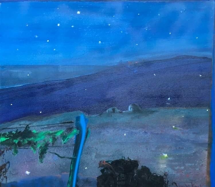Manolis Charos, Night on the Plain_Stars and Sparks, oil on canvas, 70 x 80 cm, 2021