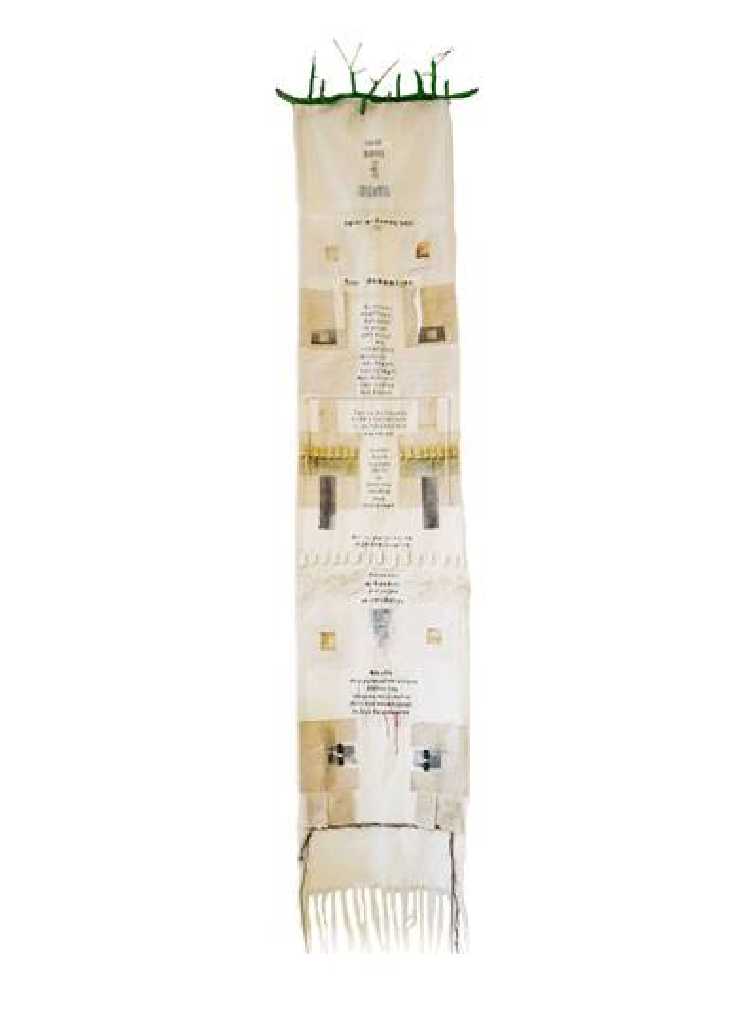Ifigeneia Sdoukou, The river narrates, cloth, wood, paper, 200 x 43 cm, 2021