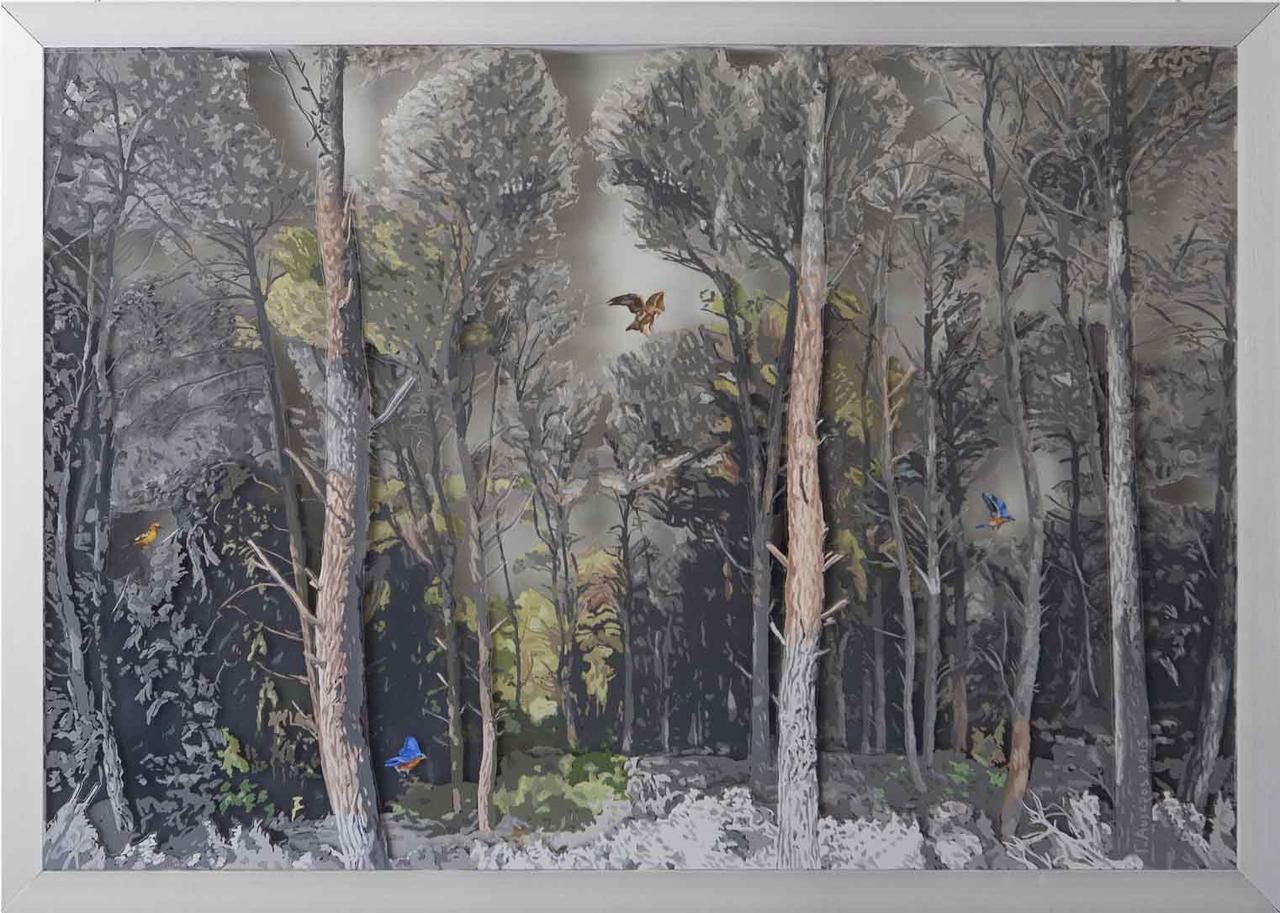 Forest 6, oil on transparent film, 64 x 45 cm, 2015