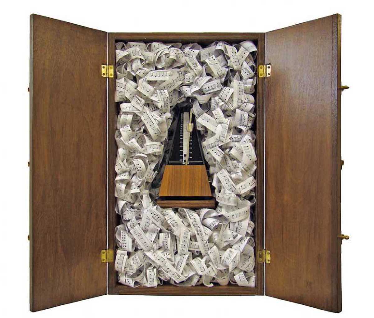 Marios Fournaris, Pandora's Box, wood, metronome, paper, 56 x 34 x 47 cm