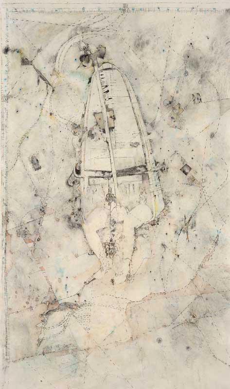 Vanessa Anastasopoulou, Surveyingmixed media on paper on wood, 170 x 90 cm