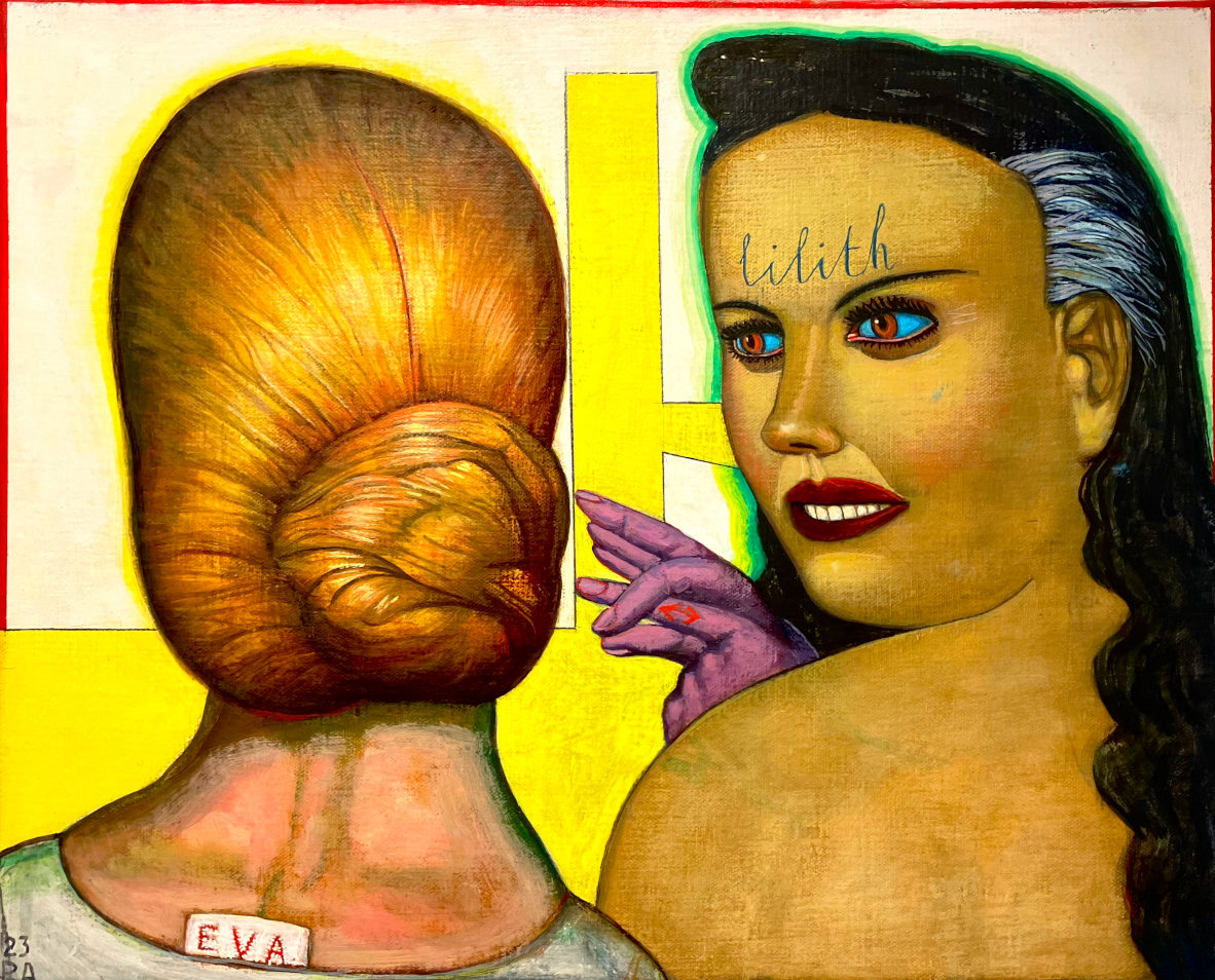 Pat Andrea, Eva & Lilith, oil and casein paint on canvas, 33 x 40.5 cm, 2023