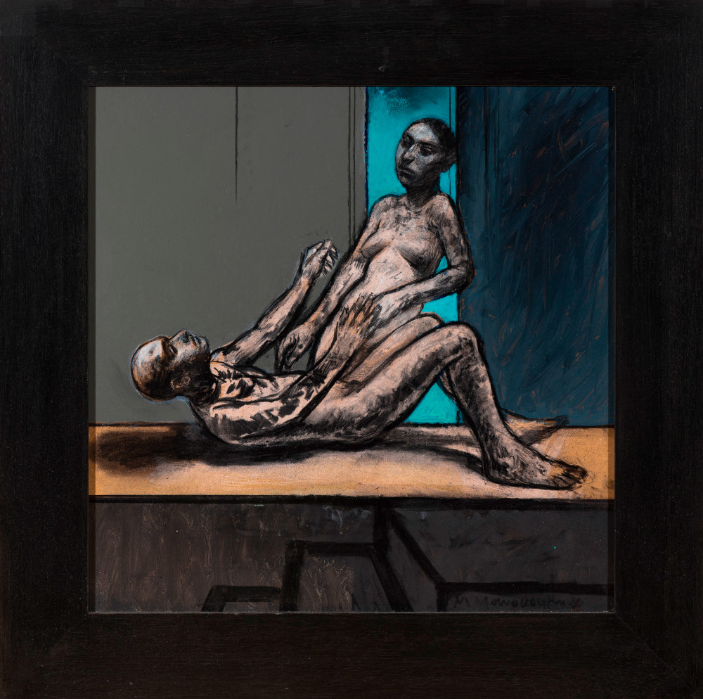 Michalis Manoussakis, Untitled, κάρβουνο & ακρυλικό σε ξύλο, 40 x 40 cm