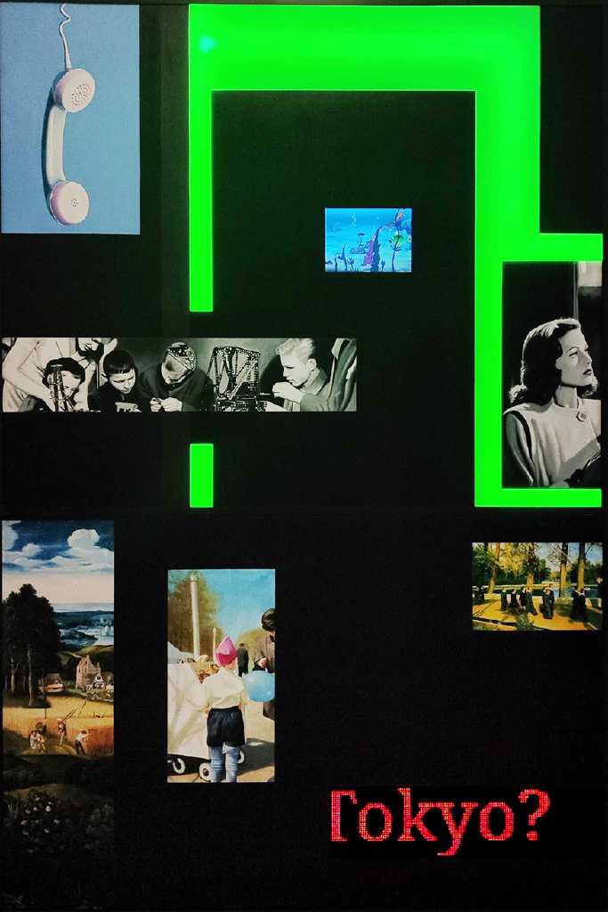 Which way is Tokyo, 170 x 112.50 x 7 cm, mixed media (oil on aluminium, LED display, plexiglass, LED, LCD monitor)