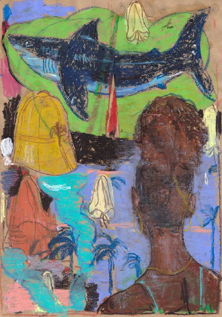 Kafrine Roquin, Oil pastel on paper, 30 × 42 cm, 2025