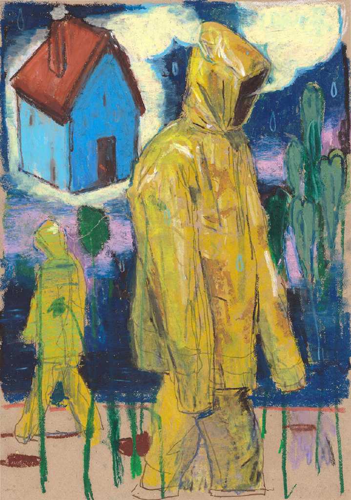 Gillets Jaunes, Oil pastel on paper, 30 × 42 cm, 2025