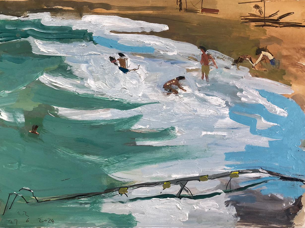 Children in the strong waves, 56 x 76 cm, acrylics on paper 300 gr, 2024