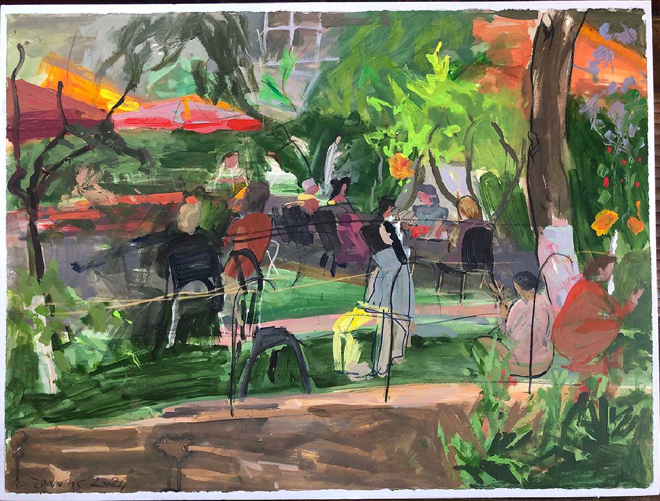 Easter banquet in a garden, 56 x 76 cm, acrylics on paper 300 gr, 2024