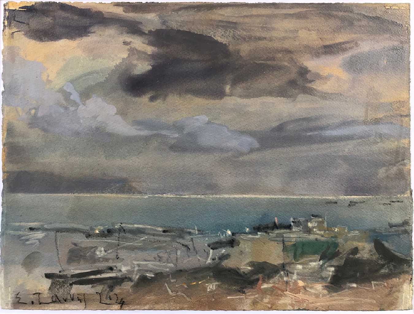 From Lycabettus to Aegina - Evening came early because of the clouds, 40 x 51 cm, acrylics on paper 300 gr, 2024