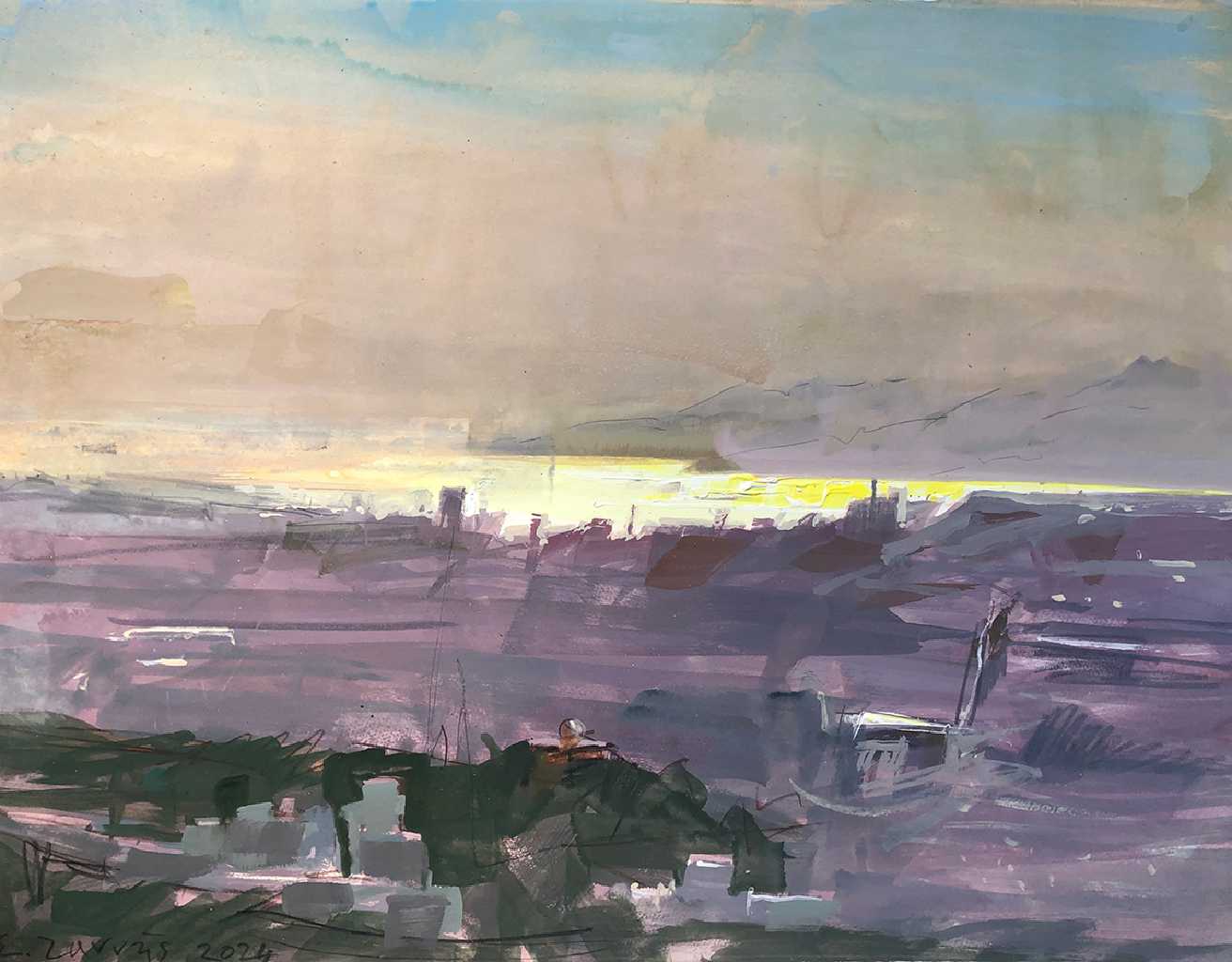 From Lycabettus to Koulouri - Late afternoon lights, 56 x 76 cm, acrylics on paper 300 gr, 2024