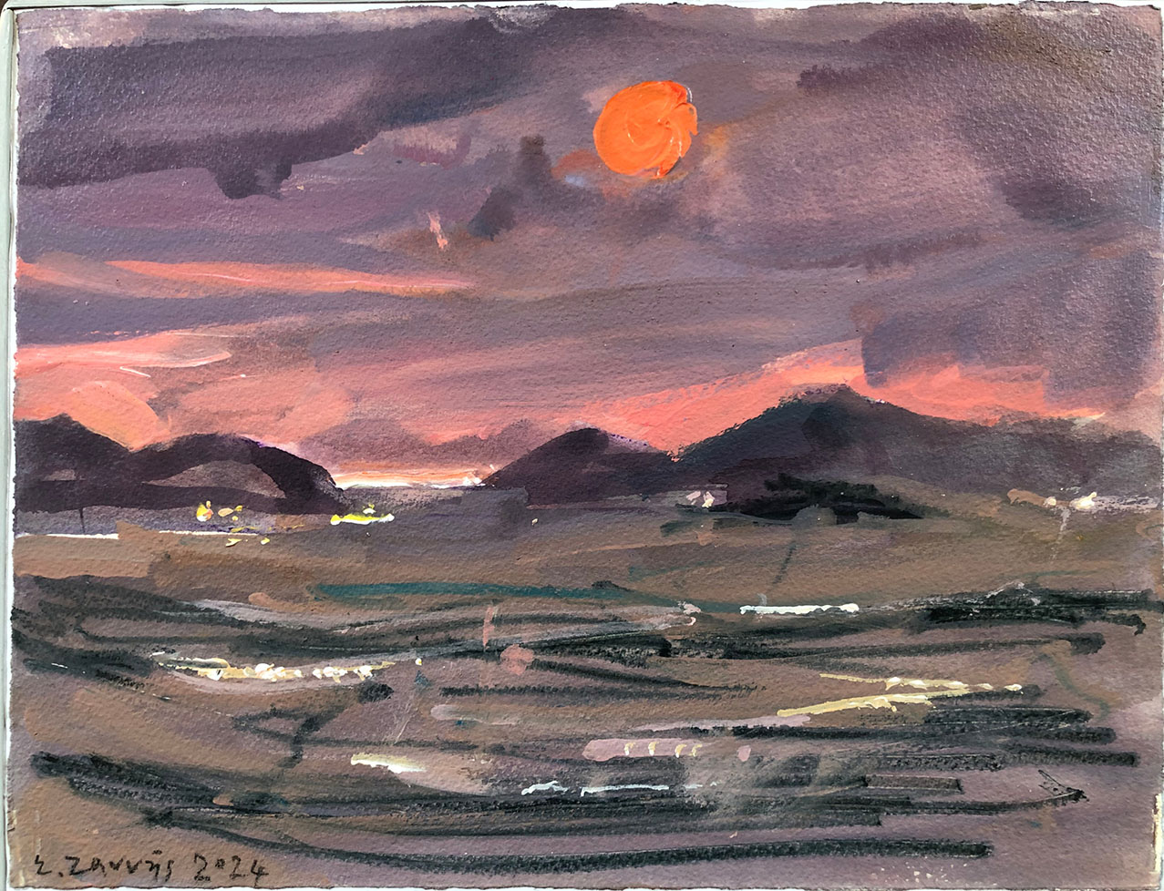 From Lycabettus to the Aegaleo Mountains and even further beyond - The sun through the filters of the clouds, 28.6 x 38 cm, acrylics on paper 300 gr, 2024