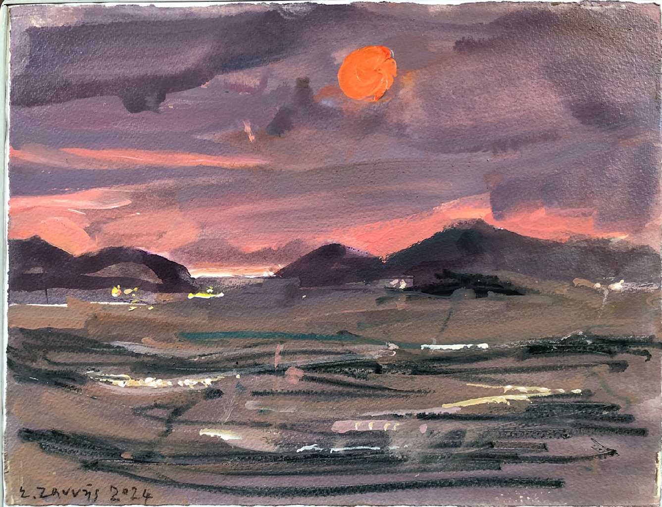 From Lycabettus to the Aegaleo Mountains and even further beyond - The sun through the filters of the clouds, 28.6 x 38 cm, acrylics on paper 300 gr, 2024