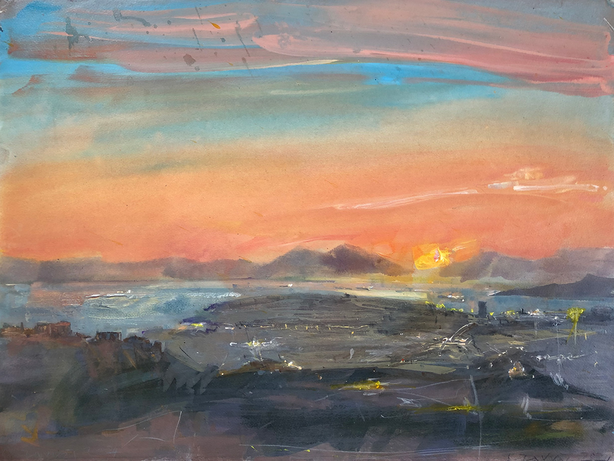 From Lycabettus to the landscape beneath - Final moments of a day, 56 x 76 cm, acrylics on paper 300 gr, 2024