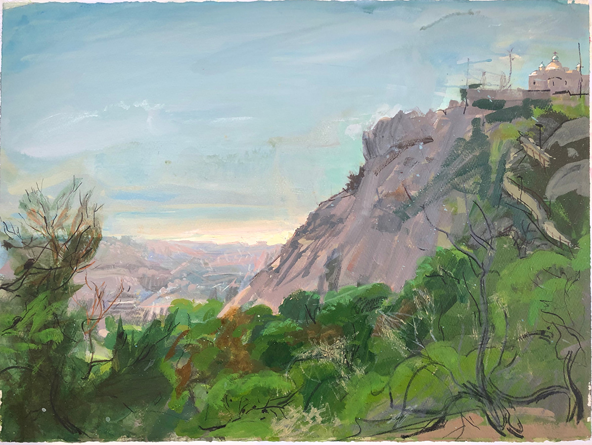 From Lycabettus to the landscape beneath - Moments of gazing towards Aegina, 56 x 76 cm, acrylics on paper 300 gr, 2024