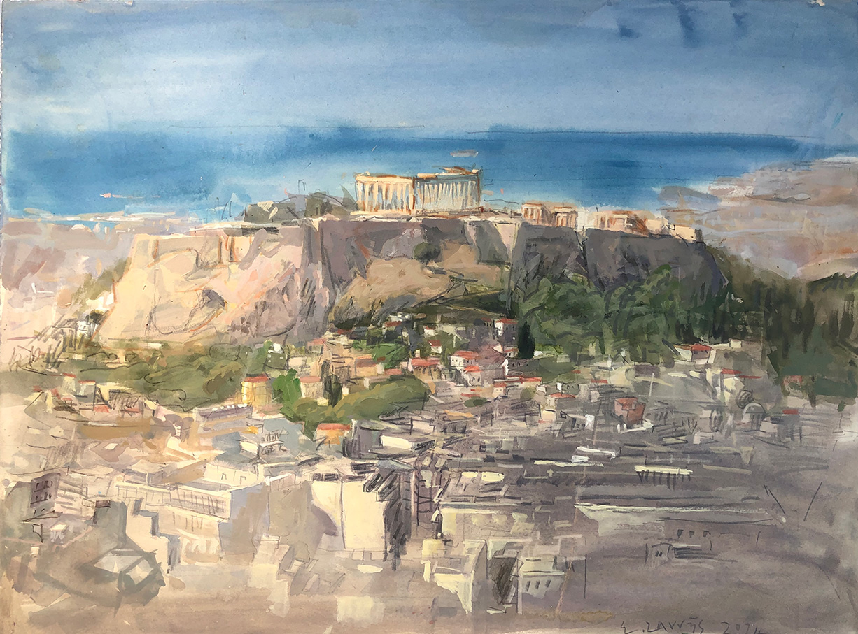 From Lycabettus to the landscape beneath - Morning Lights, 56 x 76 cm, acrylics on paper 300 gr, 2024