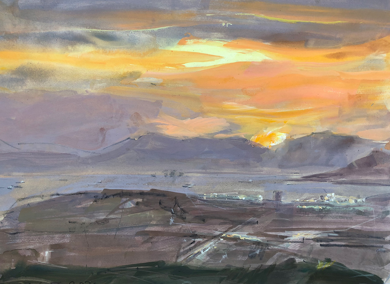 From Lycabettus to the landscape beneath - Sunset beyond the mountains of Peloponnese, 56 x 76 cm, acrylics on paper 300 gr, 2024