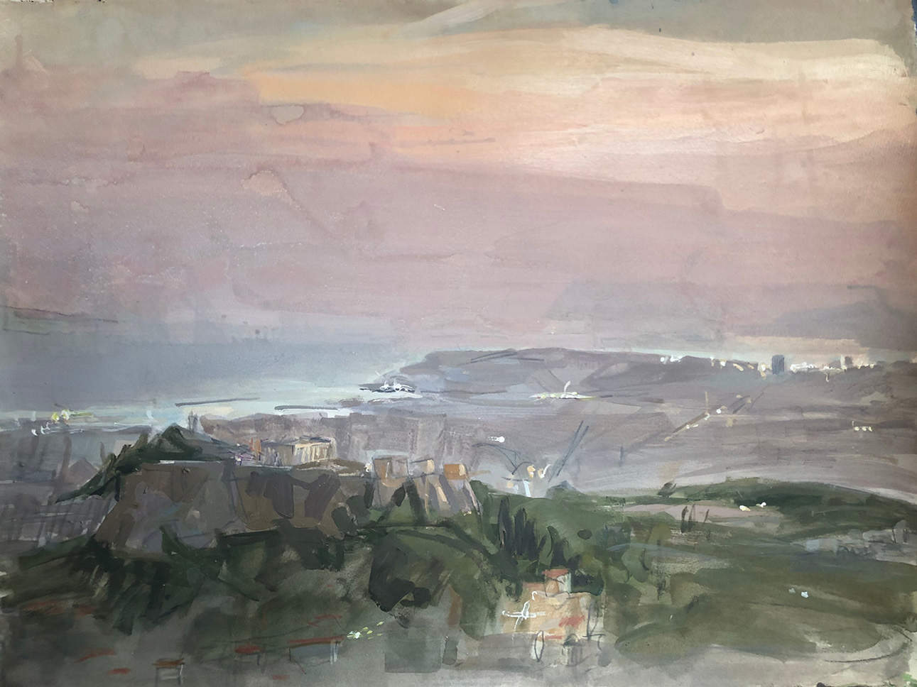 From Lycabettus to the landscape beneath - The evening lights, 56 x 76 cm, acrylics on paper 300 gr, 2024