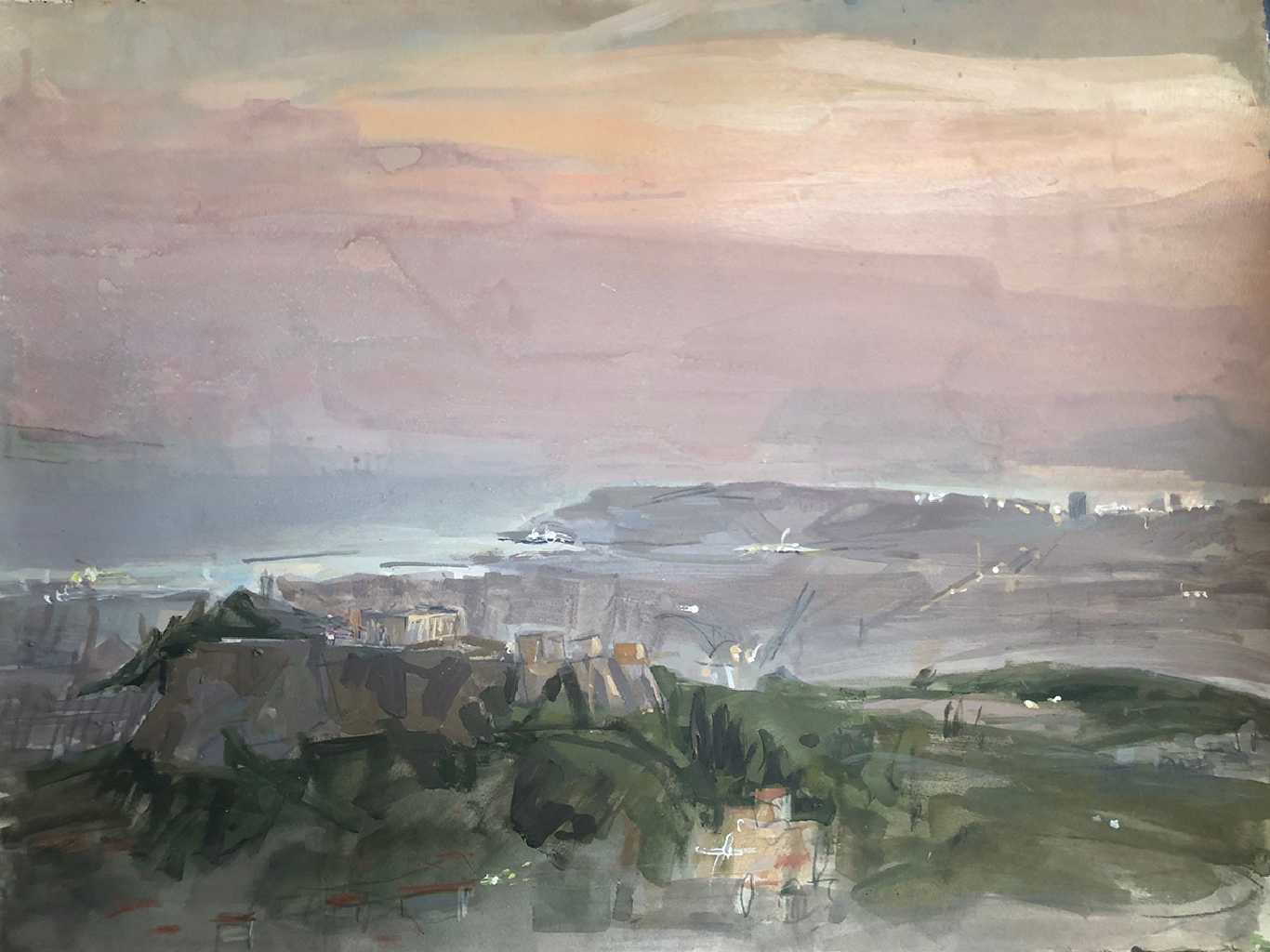 From Lycabettus to the landscape beneath - The evening lights, 56 x 76 cm, acrylics on paper 300 gr, 2024