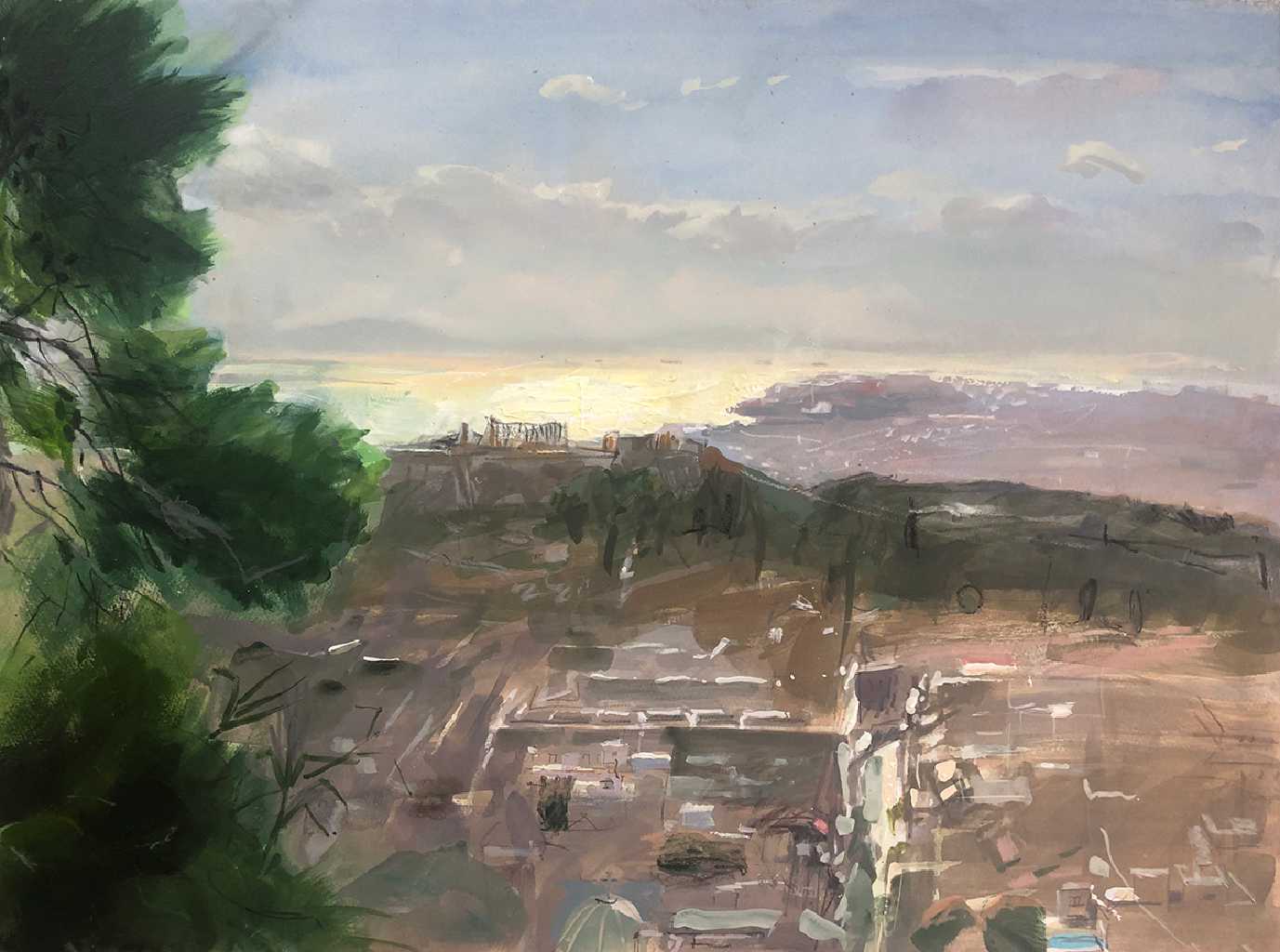 From Lycabettus to the landscape beneath 56 x 76 cm, acrylics on paper 300 gr, 2024