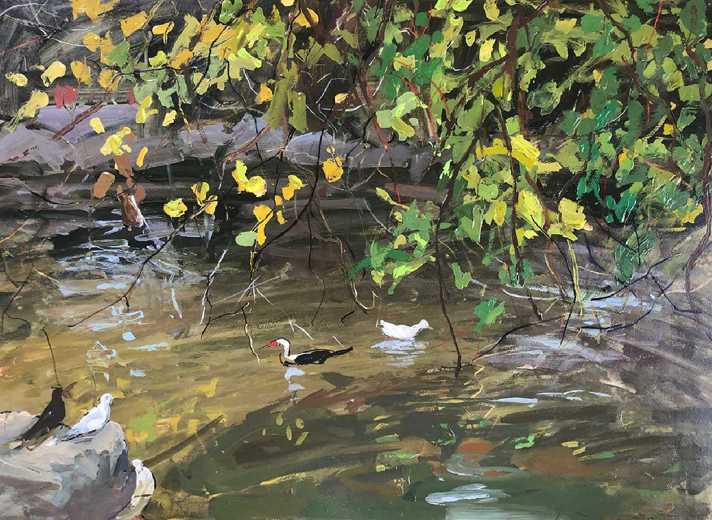 In the lake of the Garden56 x 76 cm, acrylics on paper 300 gr, 2024