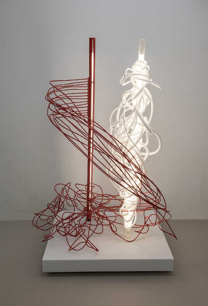 Couple - embrace, Iron, plexiglass, sponge, light, colour, 165 x 150 x 100 cm, 2017-21, Trikala