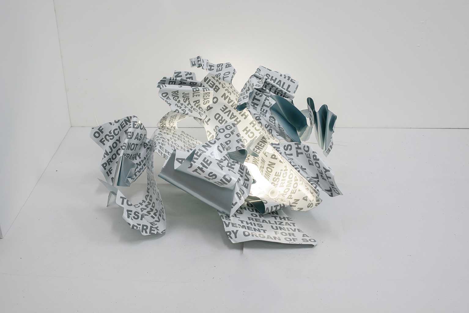 Declaration of Human Rights, Aluminium, print text, light, 85 x 80 x 45 cm, 2018, Trikala