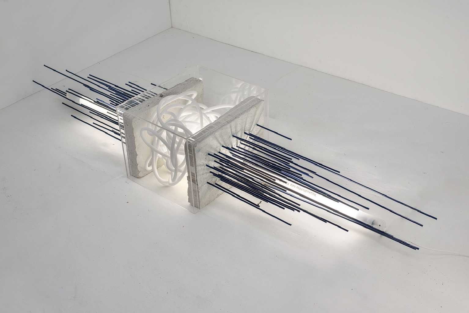 The past, like the future, is…, Cement, iron, plexiglass, sponge, light, text, colour, 34 x 190 x 42 cm, 2018, Athens