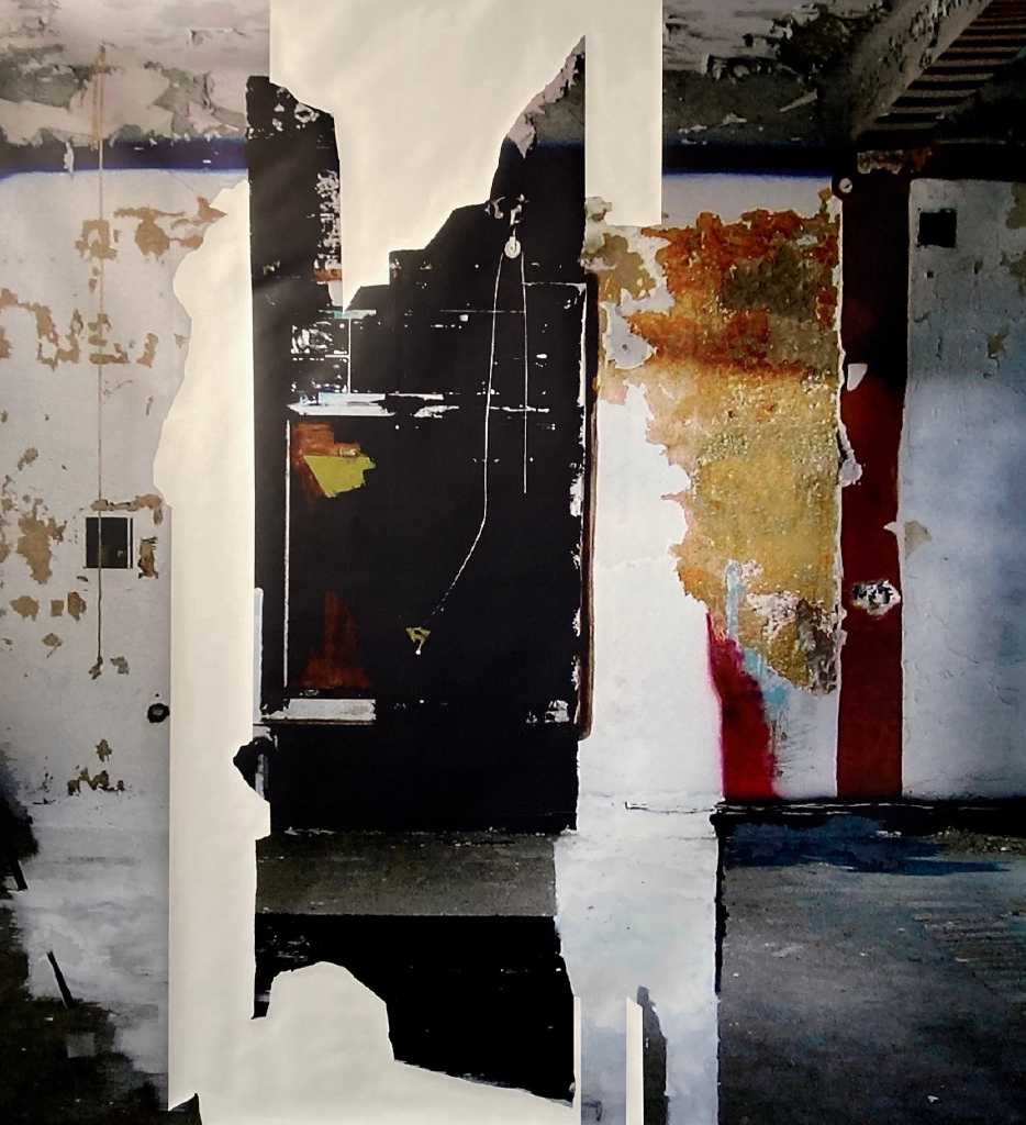 Untitled,Digital (im)print on canvas, mixed media, plastic paint, spray, lump hammer, chisels189 x 180 cm2023