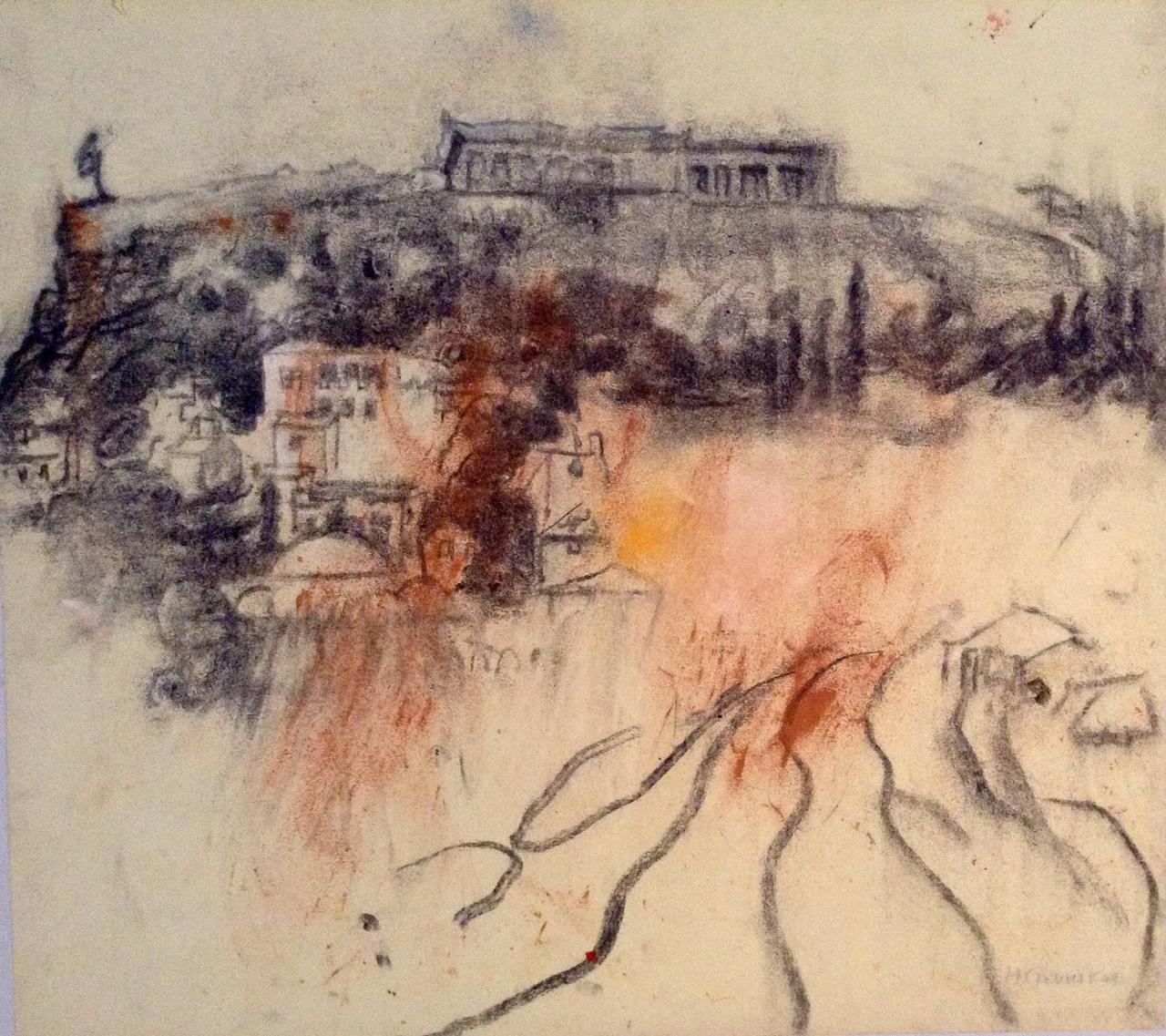 Maria Giannakaki, Acropolis, charcoal on rice paper,  42 x 42 cm, 2015