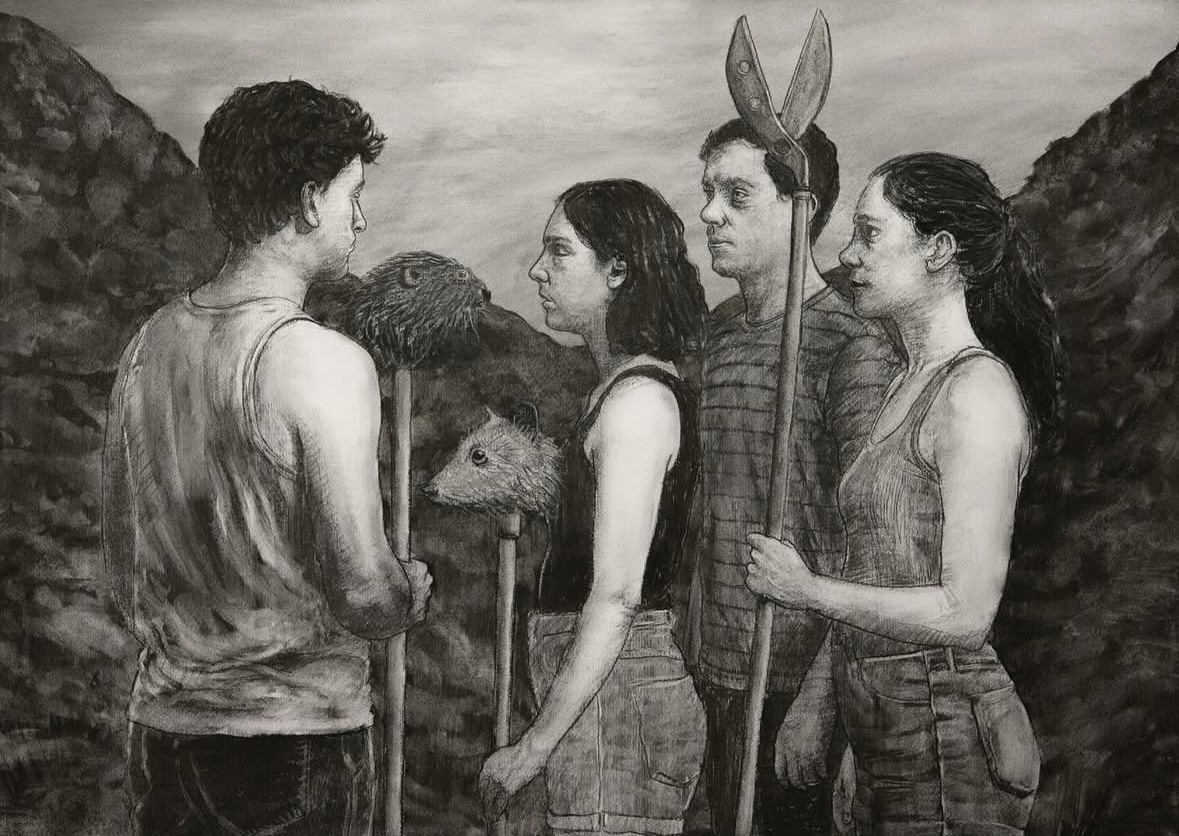 Golden Scissors Boot Camp, charcoal on paper, 50 x 70 cm