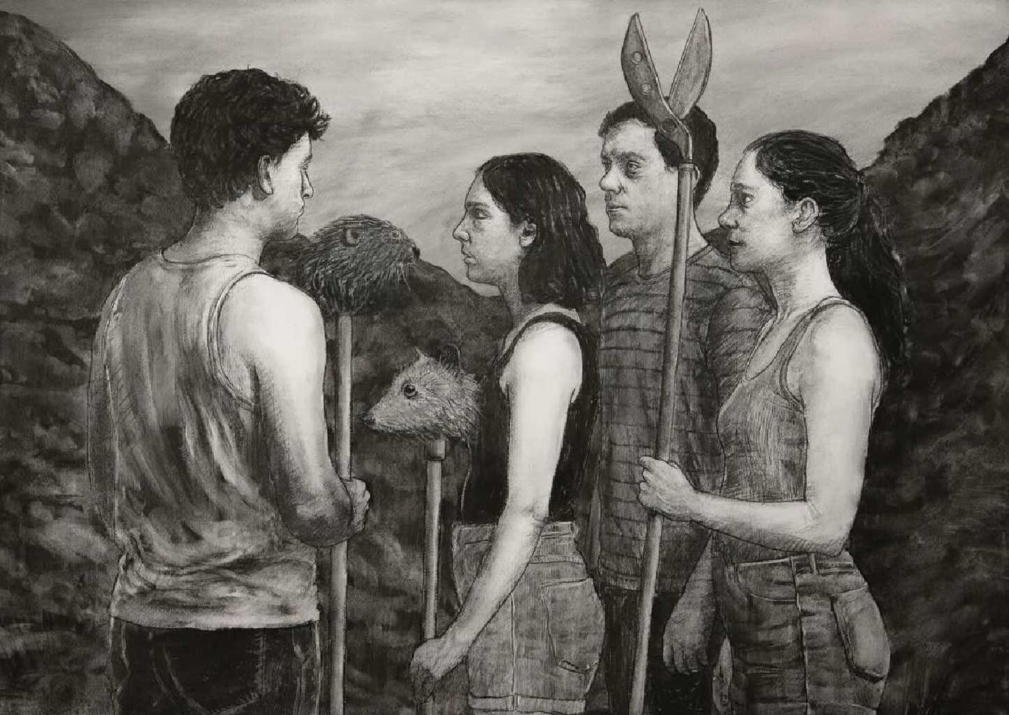 Golden Scissors Boot Camp, charcoal on paper, 50 x 70 cm