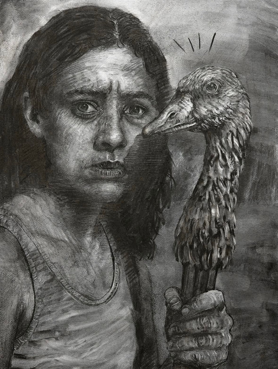 Goose is Loose, charcoal on paper, 50 x 70 cm